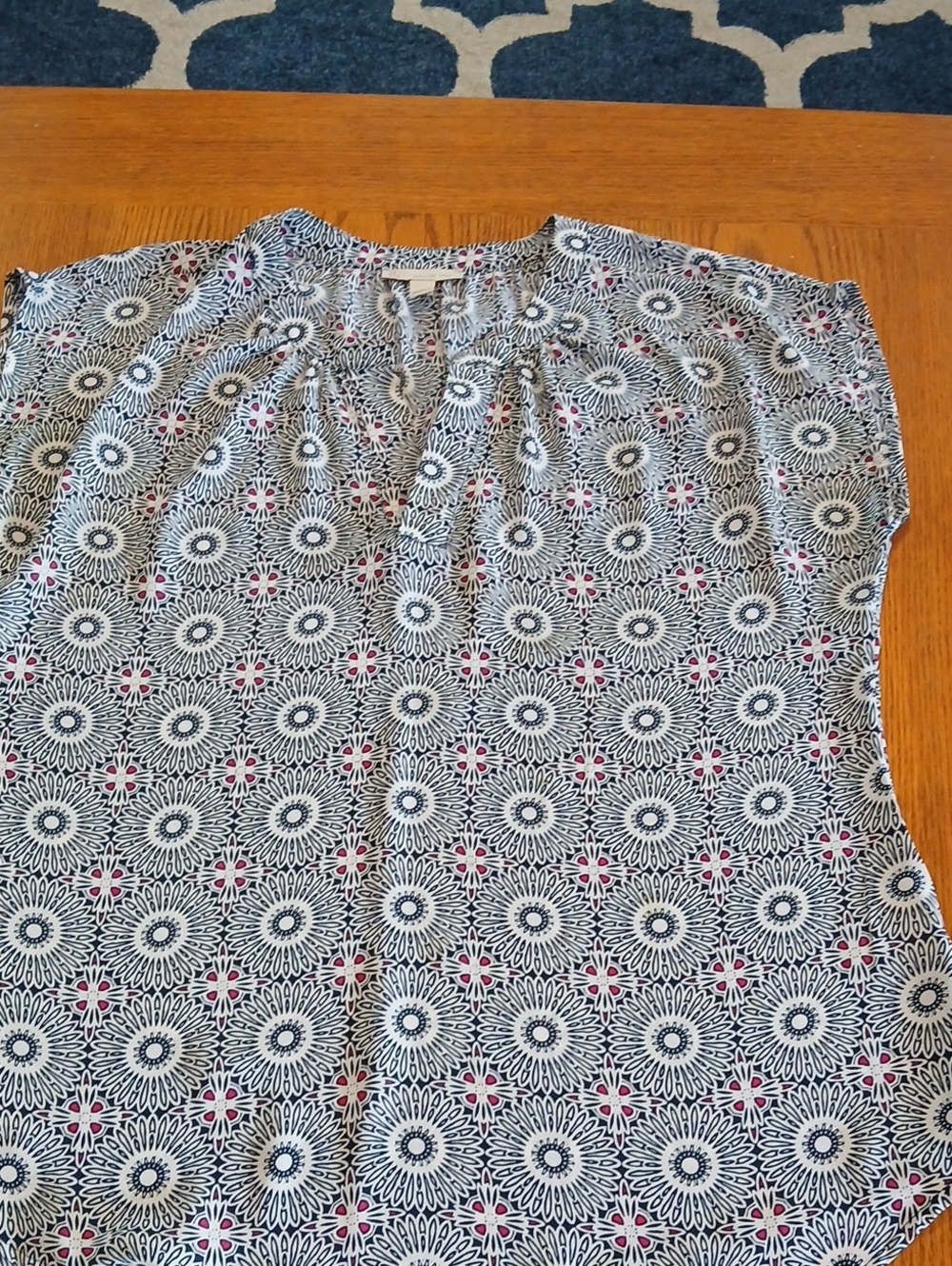 Printed Cap-Sleeve Blouse in Navy, White & Pink